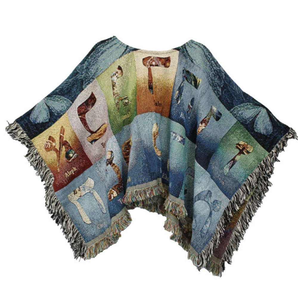Hebrew Alphabet Tapestry Poncho Fringe Cape Judaica Boho‎ Woven Wrap